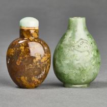 A Spinach Jade 'Dragon' Snuff Bottle, Together With a Shadow Agate Snuff Bottle, 19th Century, 清 十九世
