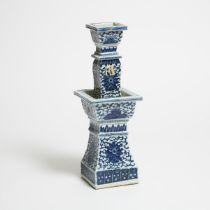 A Blue and White 'Lotus' Square-Form Altar Stick, 18th/19th Century, 清 十八/十九世纪 青花缠枝莲纹烛台, height 15 i