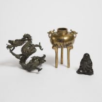 A Small Mixed-Metal Censer, Signed Kyoto Kuroda, Together With a Bronze 'Dragon' Okimono and a Bronz