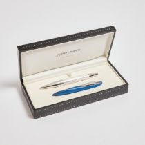 Jorg Hysek 'Meta Design' Clipless Rollerball Pen, with a blue leather clip pouch and the original bo