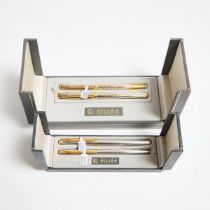 Two Élysée Fountain And Ballpoint Pen Sets, both with chrome and gold-plated bodies; one with an 18k