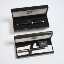 Delta Activa Hitechdesign Fountain And Ballpoint Pens, each in a black resin and silver body, the fo