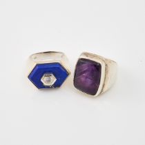 Two Sterling Silver Rings, set with a lapis panel, a fluorite panel, and a brilliant cut diamond sim