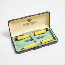 Aurora Fountain Pen And Ballpoint Pen, both in yellow and black resin bodies with gold-plated trim;