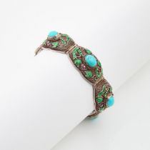 Chinese Silver Filigree Bracelet, set with turquoise cabochons and decorated with enamel