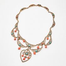 Silver Gilt Filigree Necklace, set with coral and turquoise beads and cabochons, l. of front drop 2.