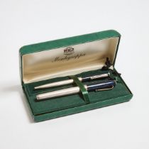 Montegrappa Fountain And Ballpoint Pen, set each with a sterling silver barrel and blue marble resin