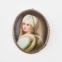 Oval Miniature On Porcelain, depicting Beatrice Cenci, in a silver brooch frame