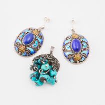 Pair Of Chinese Silver Filigree Earrings And A Similar Pendant, set with lapis and turquoise and dec