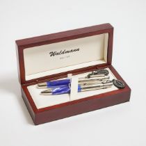 Waldmann Fountain Pen And Ballpoint Pen Set, each with a blue marble resin and sterling silver body,