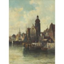 R. Monti (19th/20th Century), AMSTERDAM HARBOUR, signed lower right, 39.4 x 29.1 in — 100 x 74 cm