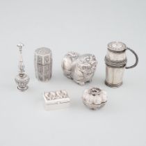 Group of Five Southeast Asian Silver Betel Boxes and a Small Rosewater Sprinkler, late 19th/early 20