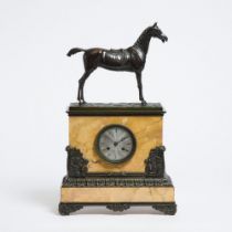 French Restauration Bronze and Sienna Marble Equestrian Mantel Clock, c.1830, 22 x 13.5 x 5.5 in — 5