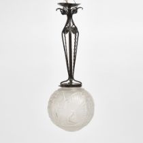 French Art Deco Moulded and Etched Glass and Wrought Iron Hanging Light Fixture, Muller Frères, Luné