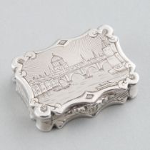 Victorian Silver Engraved 'Blackfriars Bridge and St. Paul's Cathedral' Shaped Rectangular Vinaigret