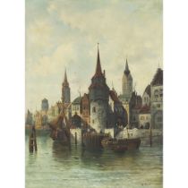 R. Monti (19th/20th Century), AMSTERDAM HARBOUR II, signed lower right, 39.4 x 29.1 in — 100 x 74 cm