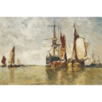 Paul Jean Clays (1819-1900), SAILING VESSELS AT ANCHOR, signed; titled on nameplate, 11.4 x 15.7 in