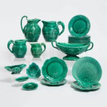 Group of Wedgwood Green Glazed Majolica Table Wares, mid-20th century, largest pitcher height 8.9 in