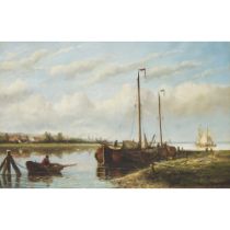 Hendrik Hulk (1842-1937), MOORED FISHING BOATS, signed lower right, 18 x 28 in — 45.7 x 71.1 cm