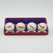 Four English Silver Novelty Painted Gamebird Place Card Holders, Grey & Co., Chester, 1911, height 1