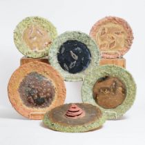 Jim Thomson (Canadian, 1953-2013), Six Glazed Stoneware Circular Plaques, c.2000, largest diameter 1