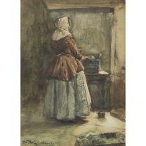 Dutch School (19th Century), LADY DOING LAUNDRY, signed lower left, 11 x 8.1 in — 28 x 20.5 cm