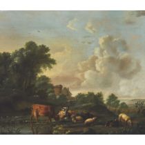 Balthasar Paul Ommeganck (1755-1826), PASTORAL LANDSCAPE WITH COWS AND SHEEP, artist's name inscribe