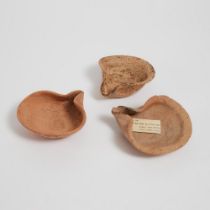 Three Levantine Pottery Open Saucer Type Oils Lamps, Iron Age I & II, 1200-586 B.C., largest diamete