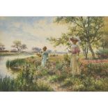 Alfred Augustus Glendening Jr. (1861-1907), PICKING FLOWERS ON A RIVERBANK, 1903, signed and dated,
