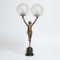 Art Deco Double Ball Dancer Figural Table Lamp, mid 20th century, height 28 in — 71.1 cm