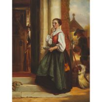 John Calcott Horsley (1817-1903), A MAID IN WAITING, 1875, signed and dated, 16.1 x 12.2 in — 41 x 3