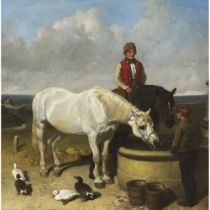 John Frederick Herring (1795-1865), HORSES AT THE WELL, 21 x 21 in — 57 x 57 cm