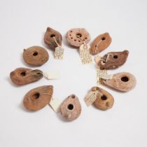 Ten Roman Byzantine Pottery Oil Lamps, 300-500 A.D., longest length 3.9 in — 9.9 cm (10 Pieces)