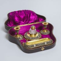 Victorian Silvered and Gilt Bronze Desk Set, Cased, c.1900, case 5.3 x 15.4 x 11.8 in — 13.5 x 39 x