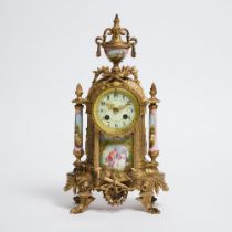 Louis XIV Style Sèvres Porcelain Mounted Ormolu Mantel Clock, c.1900, height 16 in — 40.6 cm