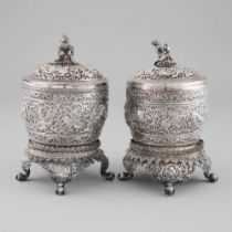 Pair of Southeast Asian Silver Covered Potpourri Vases on Stands, late 19th/early 20th century, appr