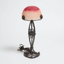 French Art Deco Mottled Glass and Wrought Iron Table Lamp, Daum, Nancy, c.1930, height 17 in — 43.2