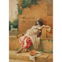 Francesco Ballesio (1860-1923), FEMALE MUSICIAN AT REST, signed lower left, 29.5 x 21.1 in — 75 x 53