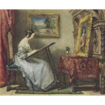 William Henry Hunt (1790-1864), A YOUNG WOMAN COPYING A PAINTING, signed, 11 ins x 13 ins; 27.9 cms