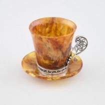 Continental Silver Mounted Amber Cup and Saucer, 20th century, saucer diameter 3.1 in — 8 cm