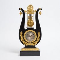 French Empire Style Ormolu Mounted Ebonized Wood Lyre Form Mantle Clock, c.1900, height 20.5 in — 52