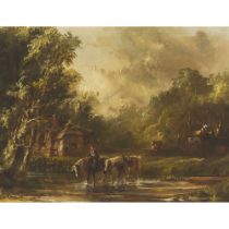 William Frederick Witherington (1785-1865), HORSES BEING LEAD THROUGH WATER NEAR ONGAR, ESSEX, signe
