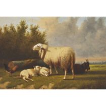 Jacob van Dieghem (1843-1885), SHEEP, GOAT AND ROOSTER IN PASTURE, signed lower right, 6.7 x 9.6 in