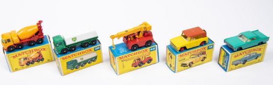 5x Matchbox Series. 18e; Field Car in yellow with unpainted base. 21d; Foden Concrete Truck in