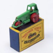 A Matchbox Series No. 1 Aveling Barford Diesel Road Roller. In light green with red rollers and