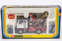 A Corgi Major Holmes Wrecker truck (1142). With red and white body, gold booms and 2x figures.