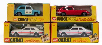 4x Corgi Toys Whizzwheels. A 4.2 litre Jaguar E Type 2+2 (374) in red. A Police Panda Sunbeam Imp (