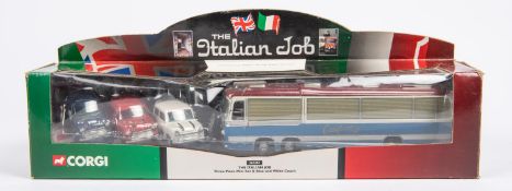 A Corgi 'The Italian Job' set (36502). Containing 3x Minis and Bedford coach in blue and silver.