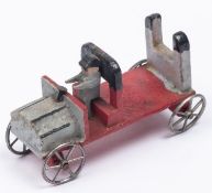 A rare early Edwardian wooden Penny Toy style car. In light grey and red, with driver and fitted