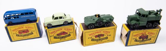 4 Matchbox Series. No. 57 Wolseley 1500. In light green with grey plastic wheels. No. 58 AEC